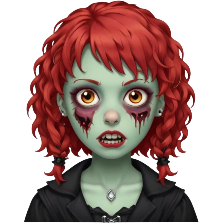 zombie girl red hair cacheado médio e franja, com piercings na boca, nariz e sobrancelha,  roupa gótica  emoji