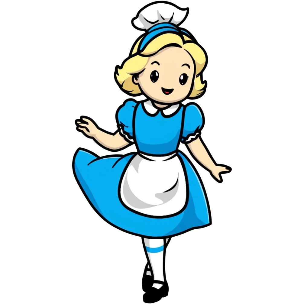 Disney's animated Alice in Wonderland performing a curtsey in her blue dress with white apron emoji