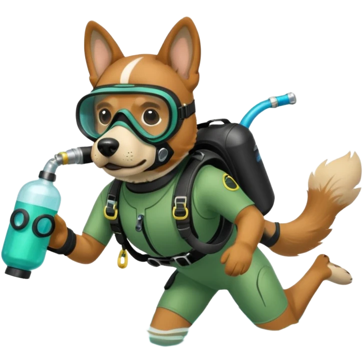 dog wearing scuba green gear dive into the sea with diver mask and oxygen tank emoji