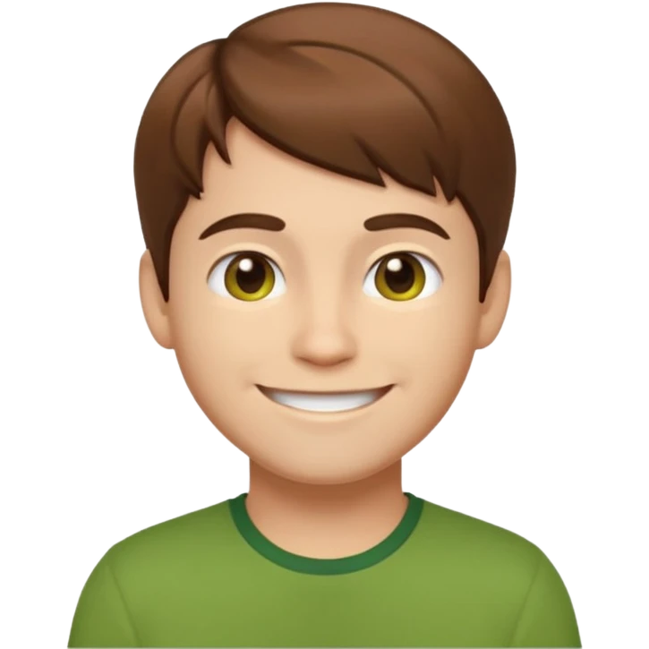 cheerful emoji character of MatPat, brown hair, green shirt, friendly expression emoji