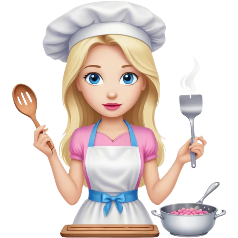 Cinematic realistic beautiful blonde with long hair, blue eyes and pink lips in a white dress cooks emoji