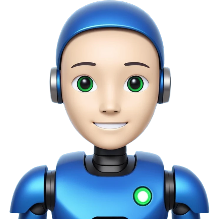 A sleek, very meme robot avatar designed in a modern tech style. The robot has an LED display face showing a subtle smile, and its body is detailed using Intapp brand colors:

Intapp Blue (#207CEC)
Bright Green (#22ECCF)
Dark Blue (#003C80)
Black (#021123) emoji