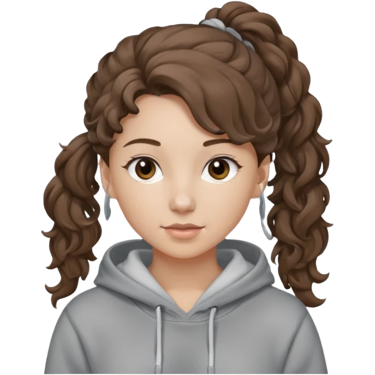 Woman, curly brown hair, hoodie, white pony tail emoji