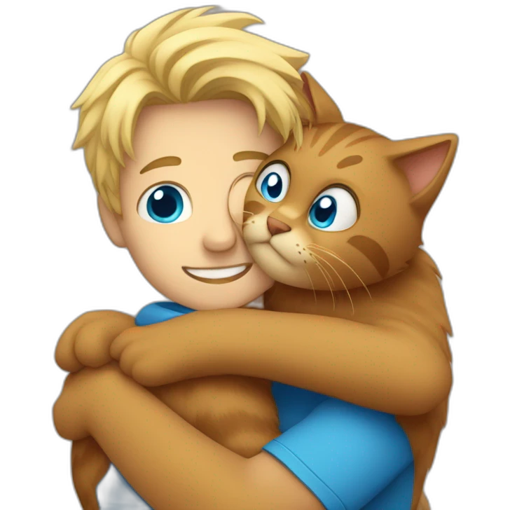 Blond Guy with blue eyes hugging big brown furry cat emoji