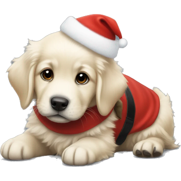 solid black fluffy puppy wearing red vest with white golden retriever puppy wearing a santa hat emoji