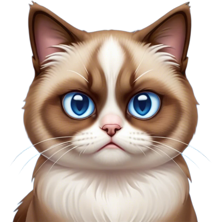 Cinematic Meme-Worthy Grumpy Snowshoe Cat Portrait Emoji, Head held high but eyes filled with dramatic disappointment, soft brown fur, white paws planted firmly in defiance, signature grumpy cat frown perfectly etched on its face, icy-blue eyes radiating pure disapproval, Simplified yet hilariously over-exaggerated features, highly detailed, glowing with an aura of supreme annoyance, high shine, exhausted yet judgmental, stylized with an almost regal pettiness, bright but brooding, soft glowing outline, capturing the essence of a feline that has seen it all and is thoroughly unimpressed, so meme-worthy it feels like it could instantly become the next viral sensation of grumpiness! emoji