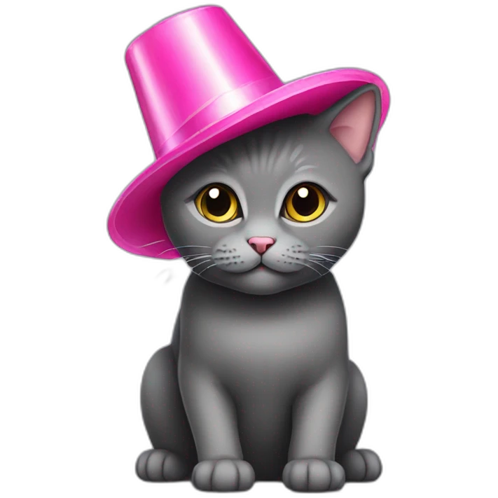 Dark Grey British short hair cat wearing a pink party hat emoji