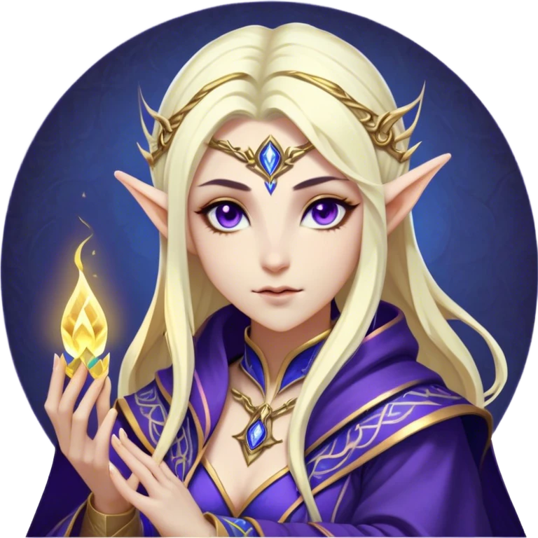 Cinematic Realistic WoW Elf Mage Portrait, head tilted epicly and inquisitively, showcasing a commanding presence and graceful arcane power. Her luminous, porcelain-like skin and delicate features, framed by an intricately detailed robe in deep blues and purples with golden accents, are rendered with lifelike clarity and dramatic, mystical lighting, high shine, epic and awe-inspiring, embodying the timeless magic of an elven mage poised to reshape destiny. emoji