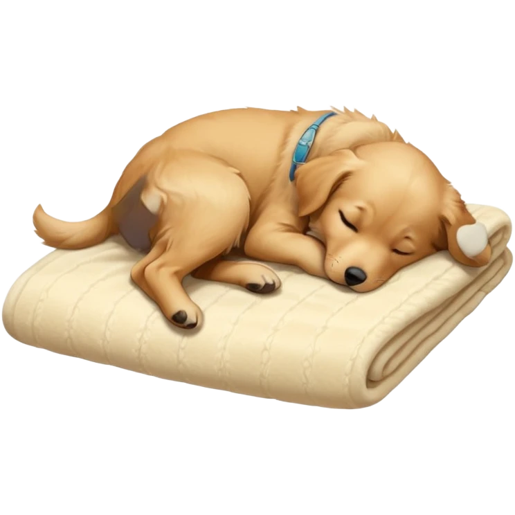 A Golden Retriever puppy sleeping peacefully on a soft blanket indoors. Cozy home environment, natural lighting, soft focus, adorable realism. emoji