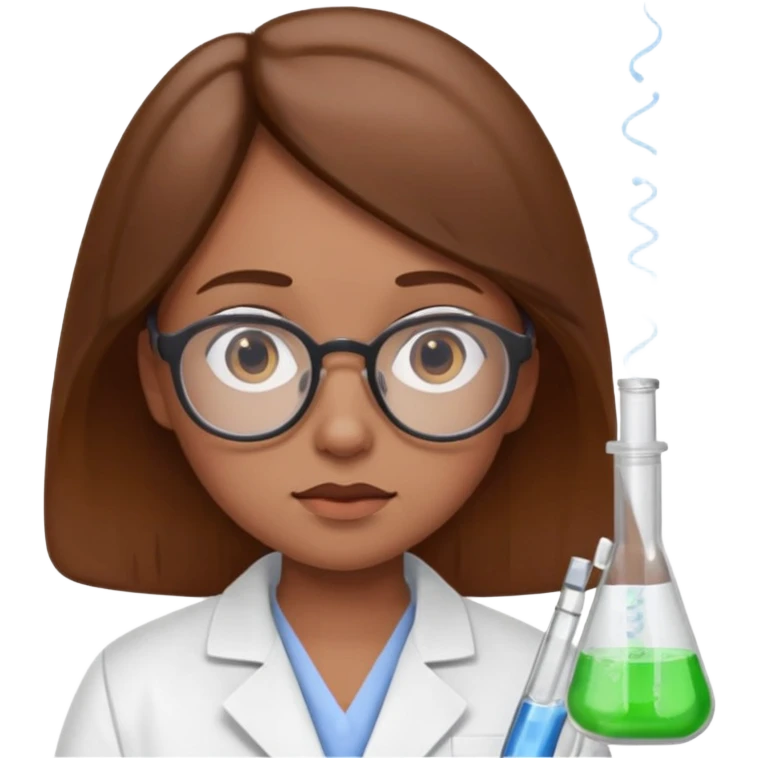 Portrait of a young scientist wearing a white lab coat, glasses, holding a test tube, curious expression emoji