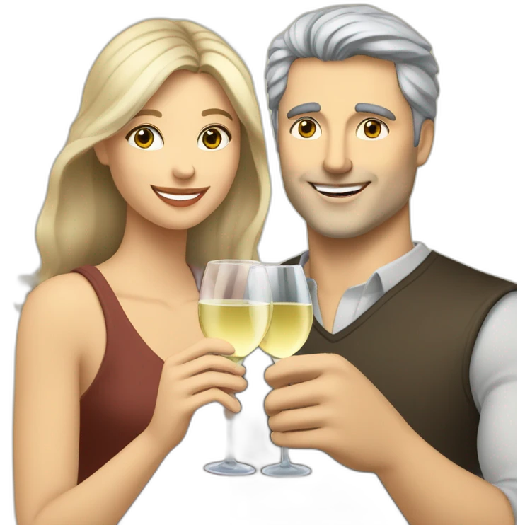 caucasian woman with brown eyes and blond medium long hair and a caucasian man with blue eyes and grey hair, toasting with a glass of white wine emoji