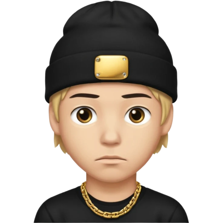 young man with black beanie, gold chain, serious face emoji