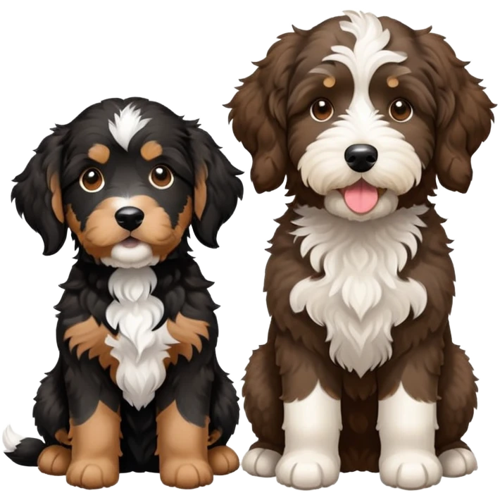 2 dogs: one light brown Aussiedoodle, one all-black Bernedoodle with white eyebrows some white markings, no brown coloring. Both same size. emoji