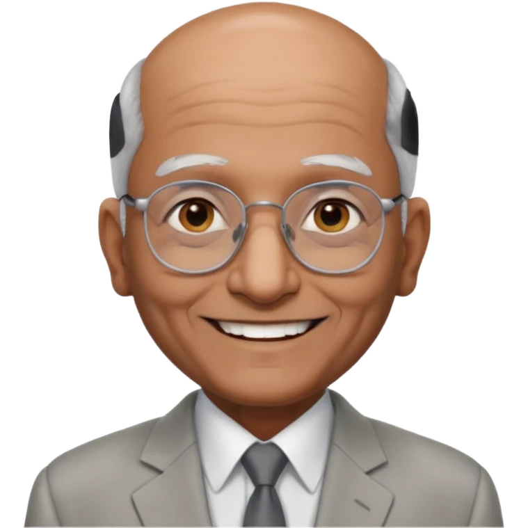 70 yr old indian man, almost bald, some white hair, light grey business suit, big smile, dark brown skin, no moustache, dark brown eyes, glasses
 emoji