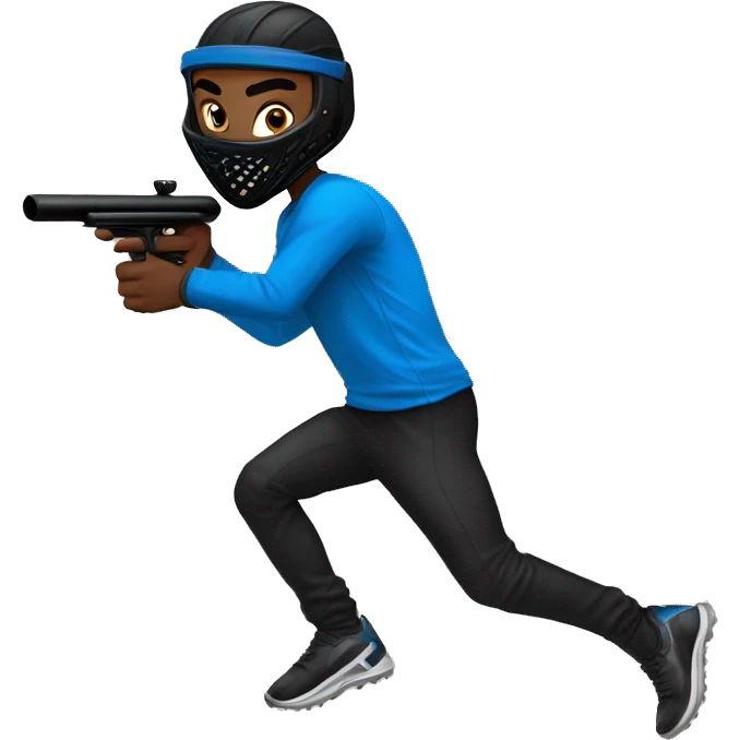 Brown skin paintball player wearing a black head band, blue long sleeve jersey, black pants, and running with a paintball gun in hand  emoji