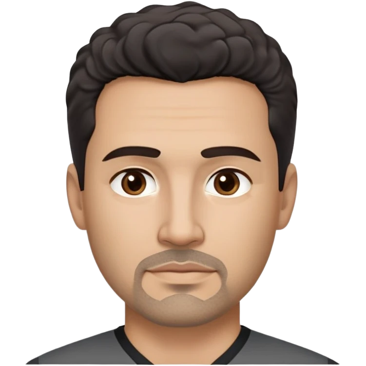 Hispanic man in his 40s with light tan skin. Square face with defined jawline. Warm dark brown eyes with calm gaze. Neutral friendly expression. Thick natural eyebrows. Black goatee with subtle gray hairs. Short curly dark hair with slight receding hairline. Wearing a black V-neck shirt. emoji