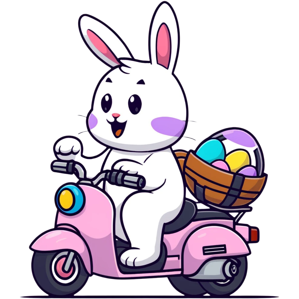 Easter bunny riding a BMW boxer motorcycle with trees and grass in the background, colorful Easter eggs hidden in the grass, and more bunnies watching from the side of the road emoji