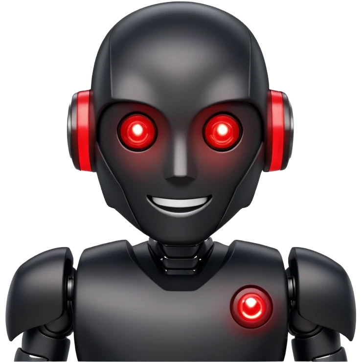 modern face of a black robot with white led eyes, red leds on robot, brave pose, smiling emoji