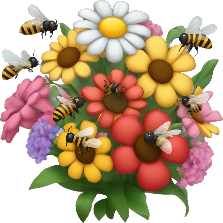 bouquet of flowers with bees flying around it emoji
