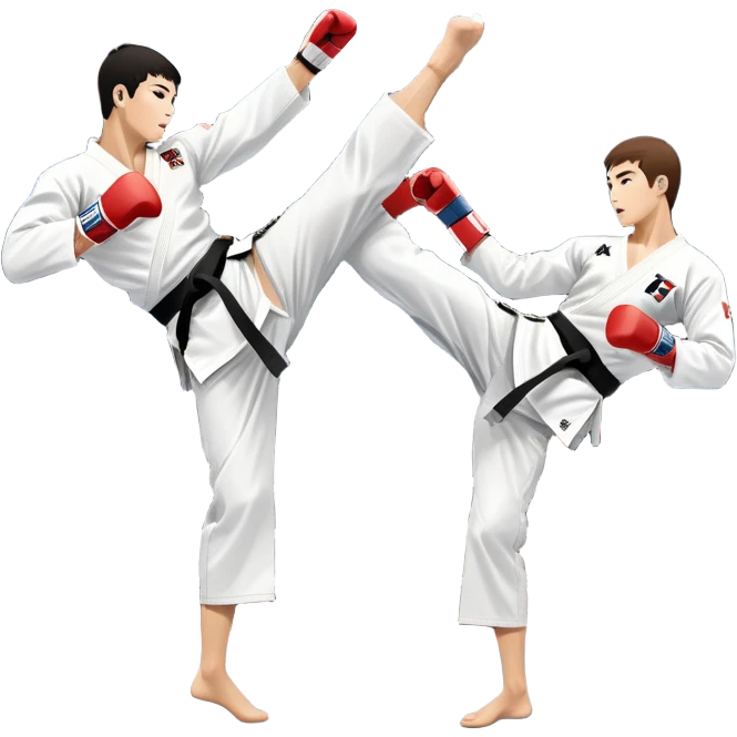 Two taekwondo fighters in traditional white doboks with black belts compete in a dynamic match. One delivers a high kick, while the other blocks using their knee. The background features a professional arena with bright lights and spectators. Transparent background. emoji