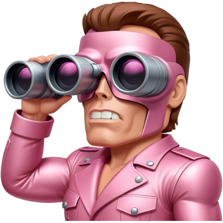 schwarzenegger-looking pink terminator looking through binocular, viewed from an angled perspective emoji