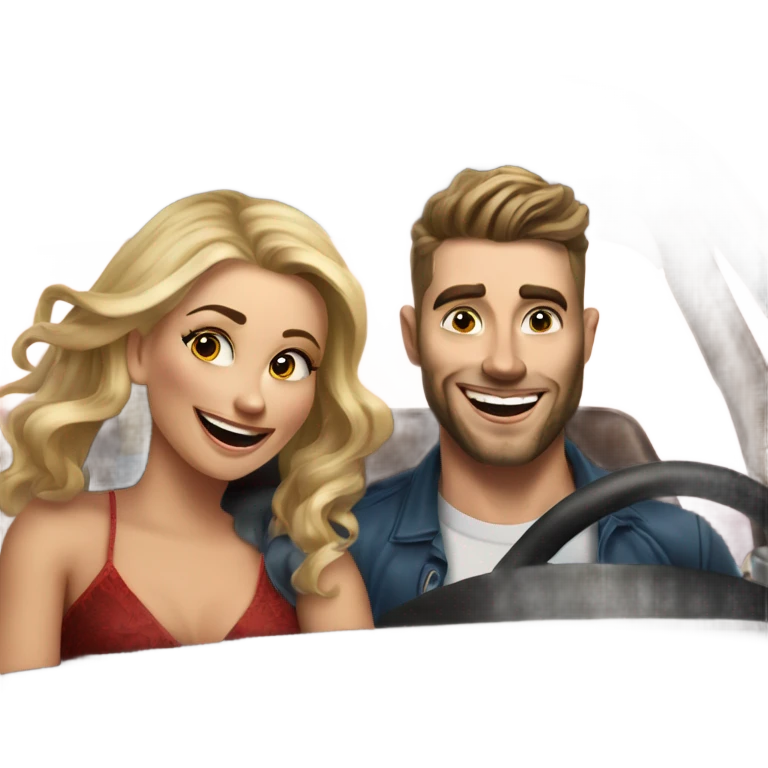 Hyper Realistic beautiful woman and a handsome tattooed man laughing while driving in a fancy car emoji
