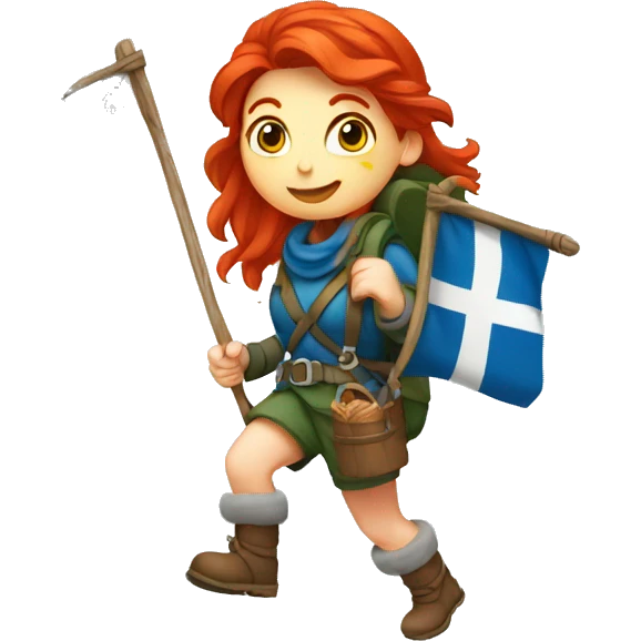 red hair female winter mountaineer climbing with Easter basket and Greek flag emoji