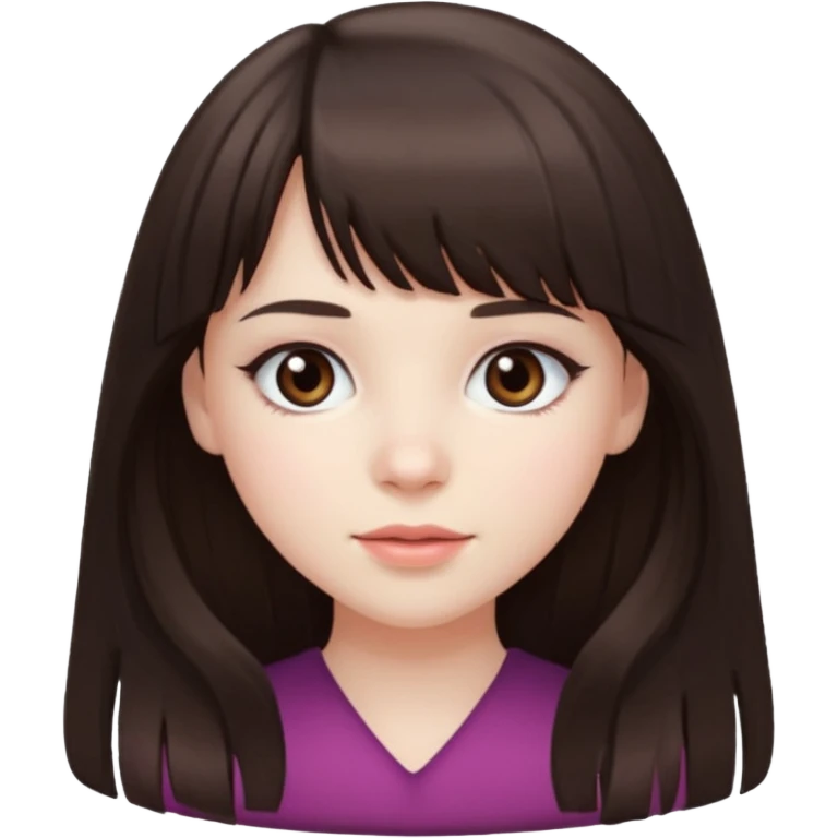 brunette girl with dark brown eyes, pale rosy skin, long hair and wispy bangs emoji