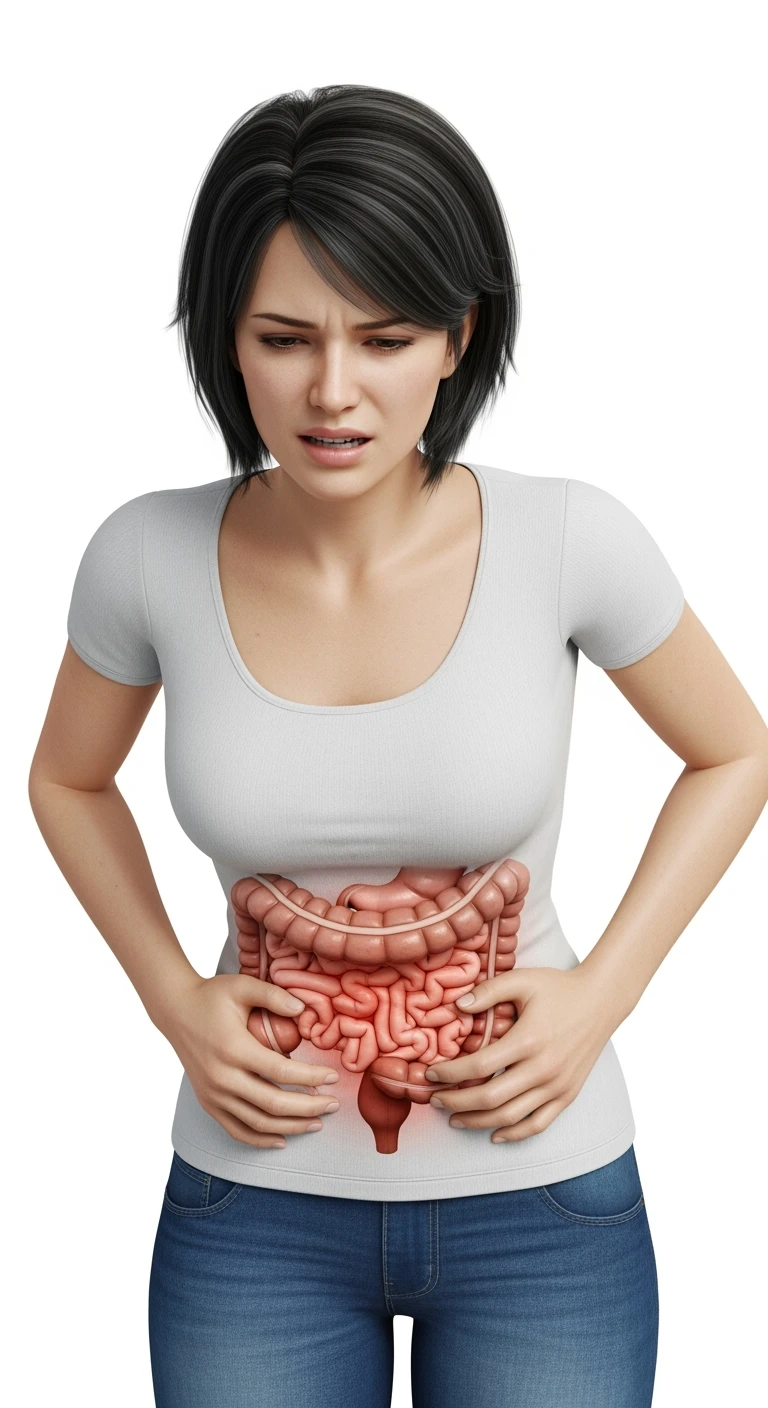donna con intestino realistico e mal di pancia, iperrealistico 4k, isolata su sfondo bianco emoji