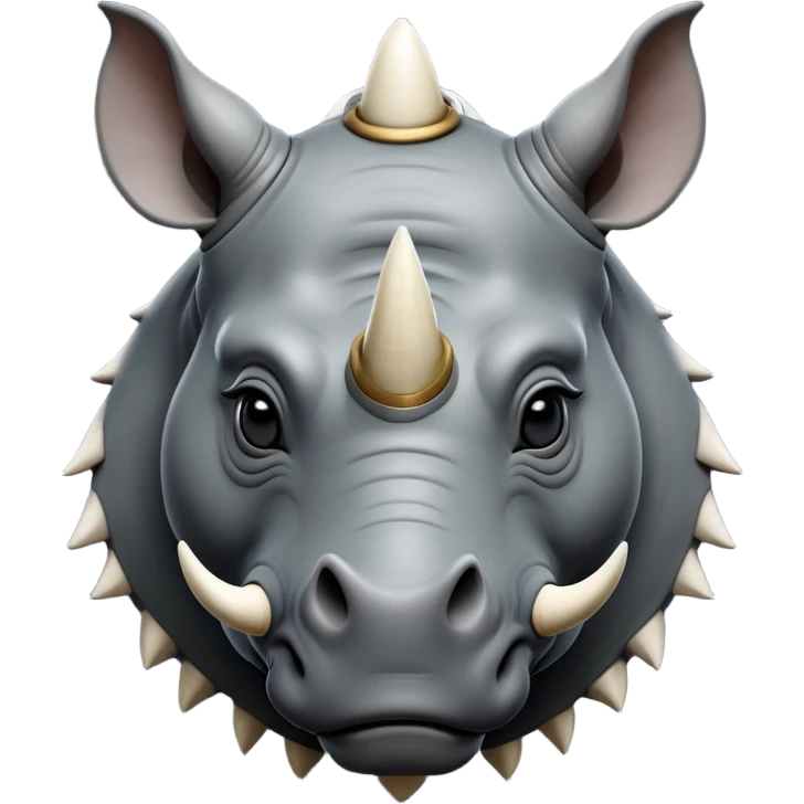 cinematic-noble--rhinoceros-portrait-emoji,slate-grey-hide--poised-and-regal,-with-a-massive,-powerful-build-and-a-thick, ivory horn, -deep-set-soulful-piercing-eyes,-simplified-yet-sharp-and-sophisticated-features,-highly-detailed,-large-black-eyes, zoomed out showing shoulders emoji