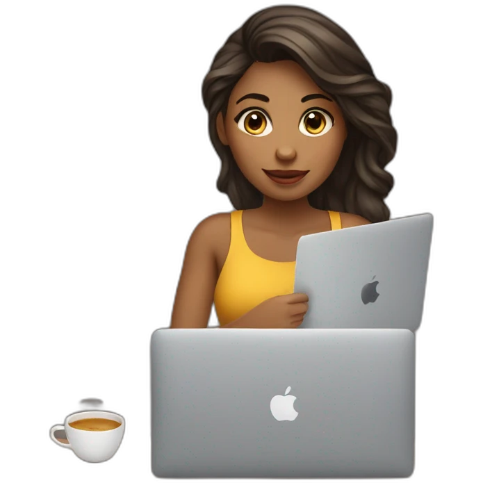 Mujer joven con cabello melena con MacBook y un cafe emoji