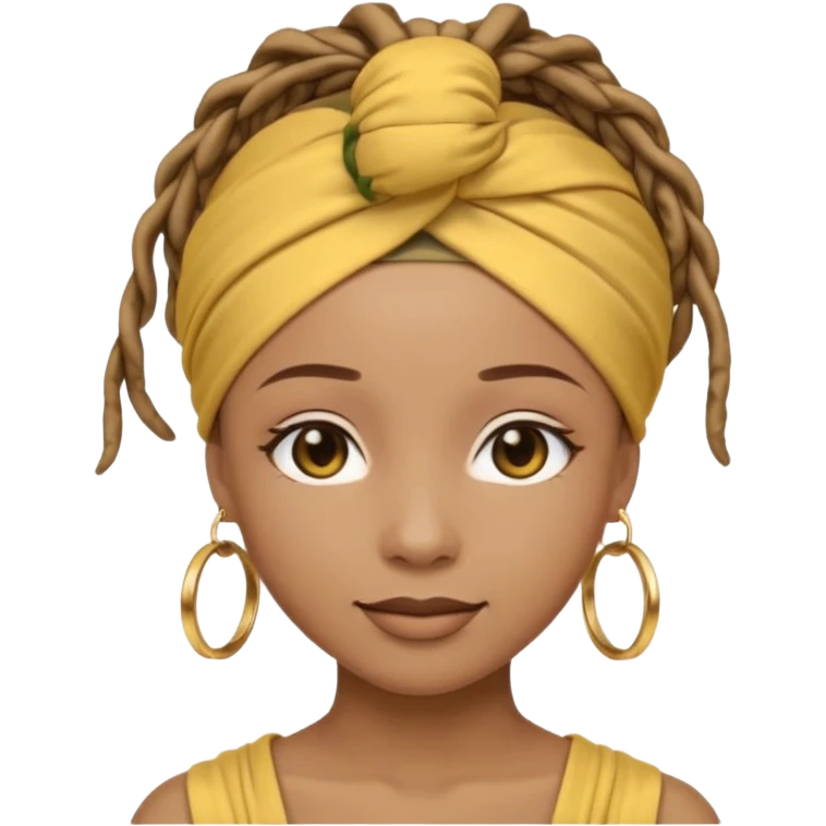 Non-portrait Jayci-vibe emoji, 1024 PNG, transparent. Headwrap (muted R-G-G), hoops, locs hint; soft smile, golden inner glow + faint heart aura. Embed: first-love, roots calm, playful grace, protective joy, consent. emoji