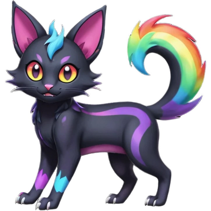 Obsidian-pitch-Black with rainbow-markings edgy Noibat-Purloin-Torracat-Lykoi-Caracal-cat-Fakemon-fusion-hybrid-creature emoji
