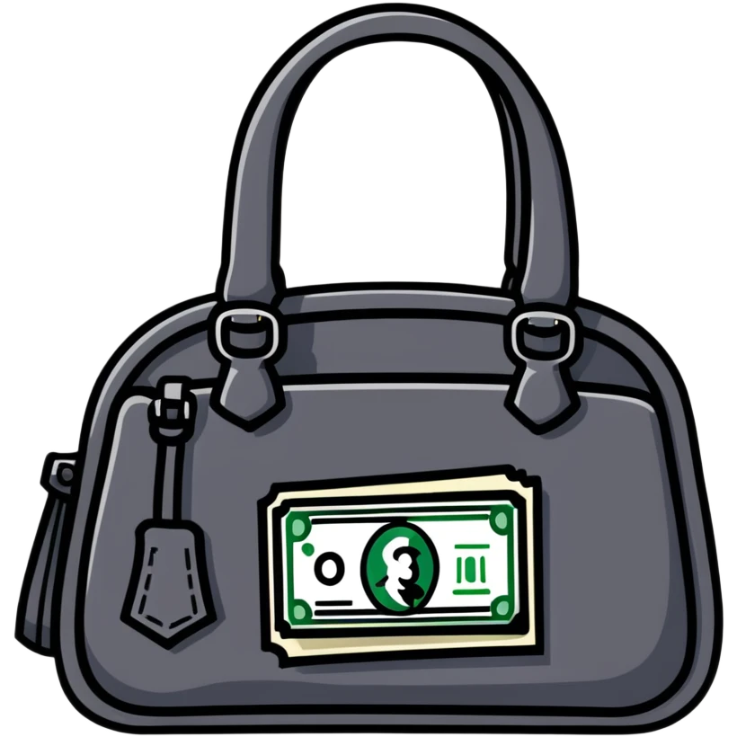 black leather handbag with dollar bill visible inside emoji