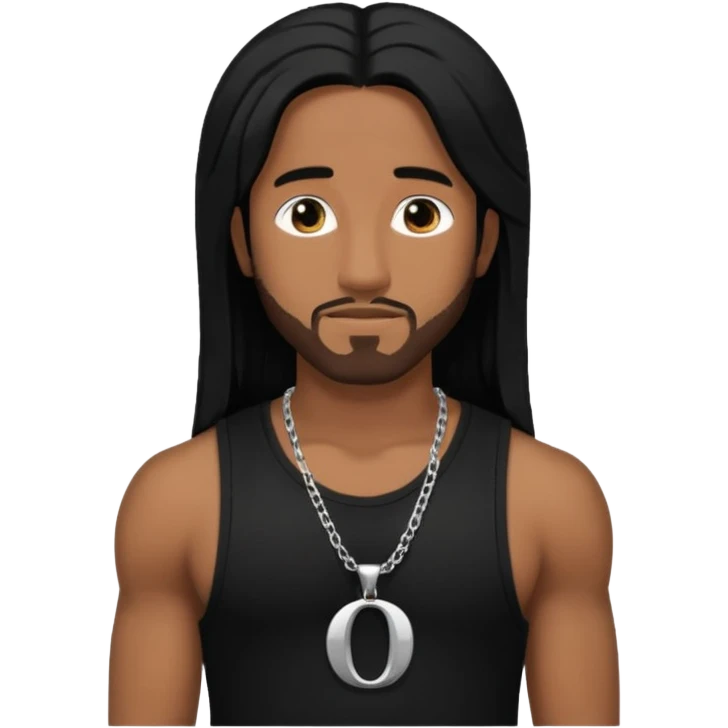 Omarion medium dark skin, long black hair, black tank top with necklace with letter o emoji