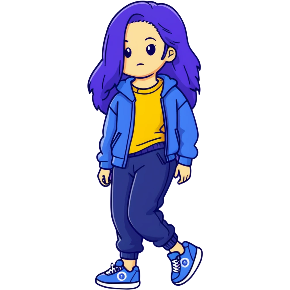 female with slim hourglass shaped body, purple long hair, wearing a blue sweater, dark blue sweatpants, and black sneakers, full body view emoji