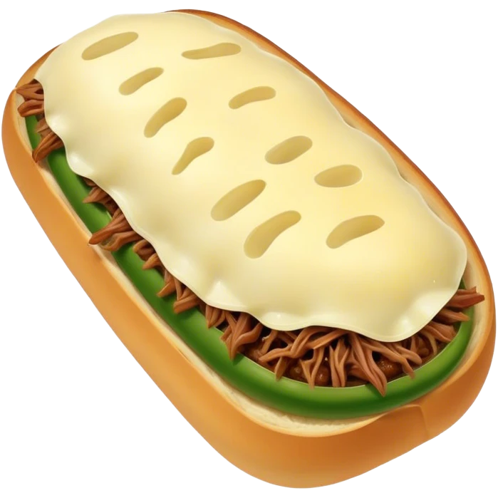 Italian bread, shredded beef, melted provolone cheese, green peppers emoji