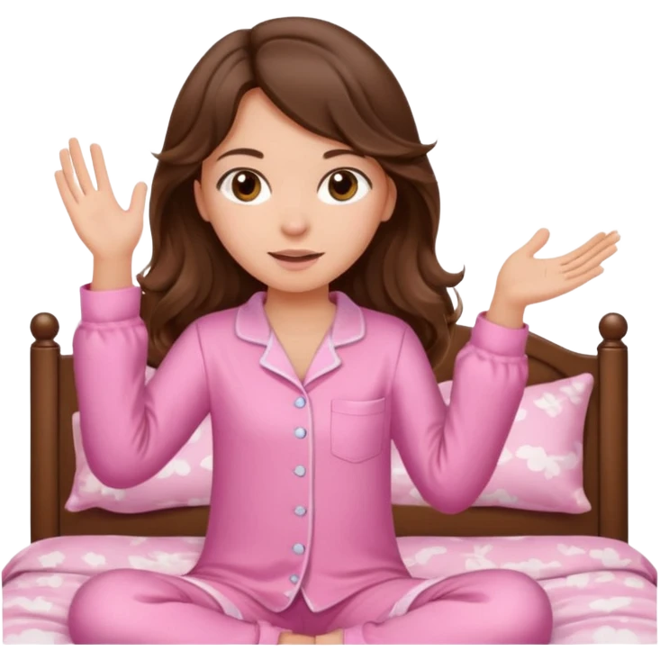 Brunette girl with long wavy brown hair with brown eyes and slapping on a withe bed with cute pink pjs emoji