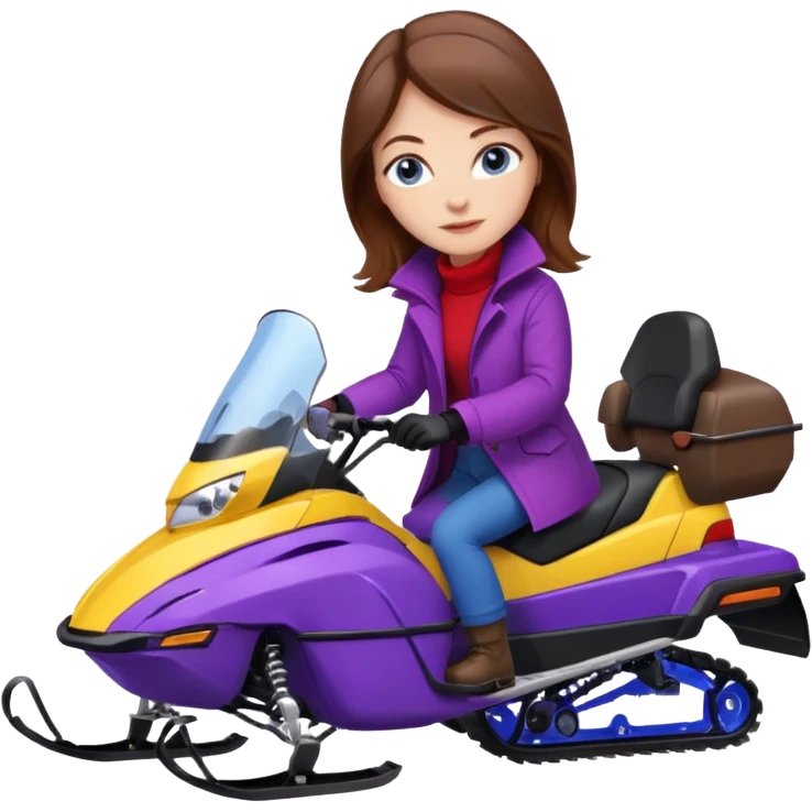 Brown hair, blue eyes, Woman wearing red coat  on purple and yellow snowmobile emoji