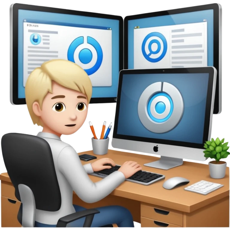 create an isometric of someone busy working on a computer, the screen should show a portal and in office environment emoji