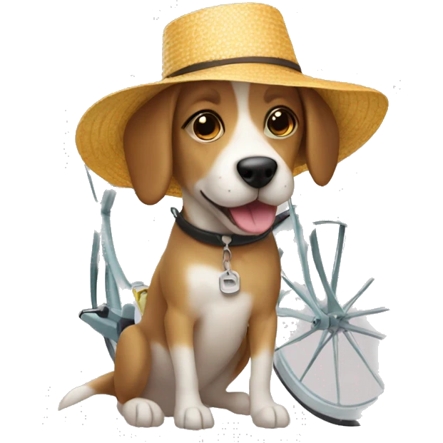 Dog wearing a sun hat on a miter cycle emoji