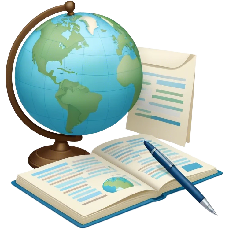 Create an emoji representing language translation. The design should feature a globe in the background, symbolizing international communication. In front of the globe, place two books or sheets of paper with texs on them and a pen nearby to indicate the act of writing. Use a clean and professional color palette with blues, greens, and neutral tones. Make the background transparent. emoji