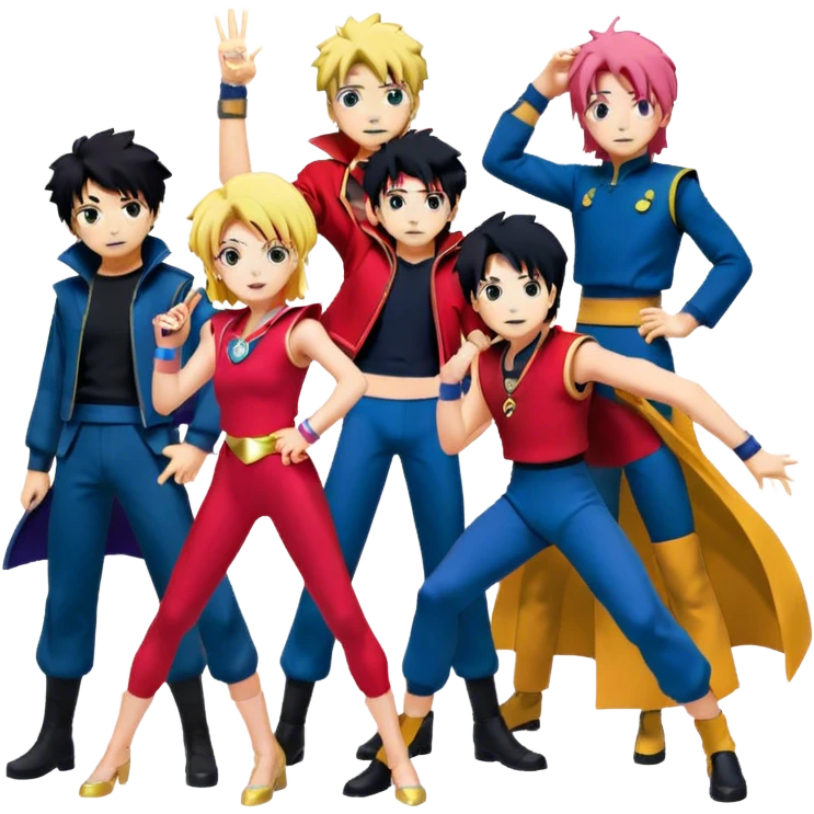 Icon for Anime Collage: Vibrant close-up collage Characters from Cowboy Bebop, Naruto, Bishoujo Senshi Sailor Moon and Kimetsu no Yaiba, each in their iconic poses and vibrant outfits, blended together with dynamic backgrounds. Transparent background. emoji