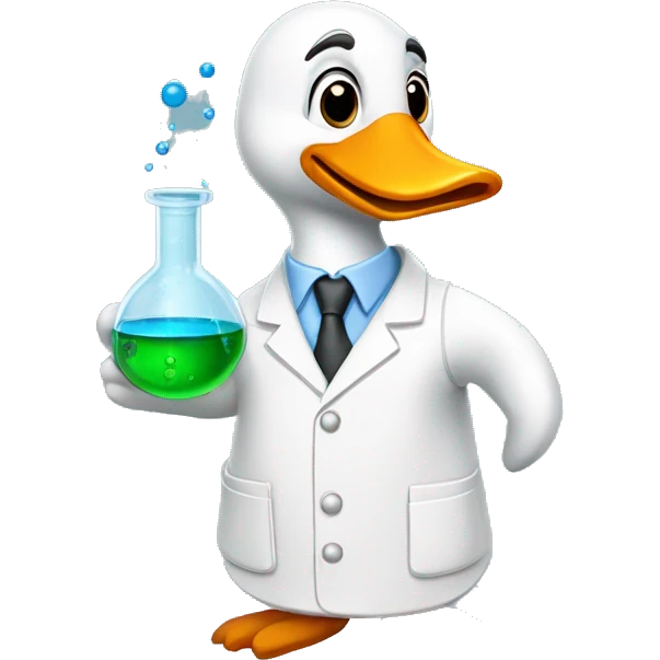Goose wearing chemistry lab coat and has flask with chemicals emoji