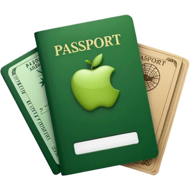 passport and airplane tickets, Apple emoji style, colors #173e12 and #c1a793, no text emoji