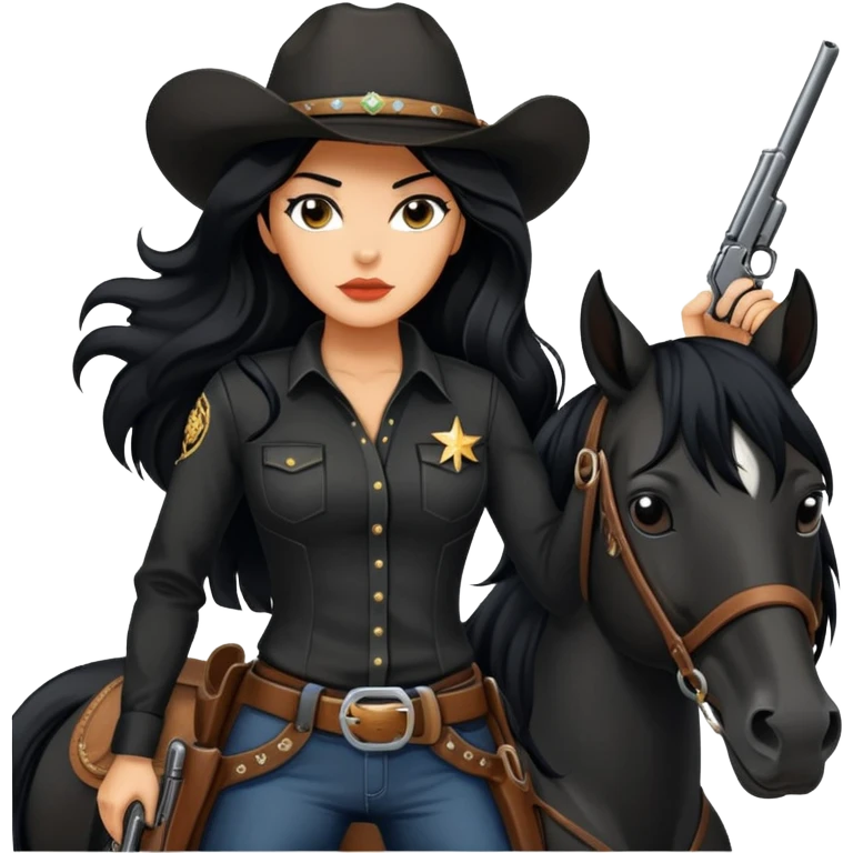 confident hot tanned woman with long black hair cowgirl style wearing black outfit with gun and horse emoji