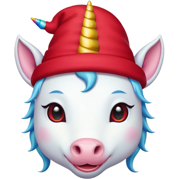 unicorn face cute wearing cute red hat, horn piercing through the hat looking in the camera emoji