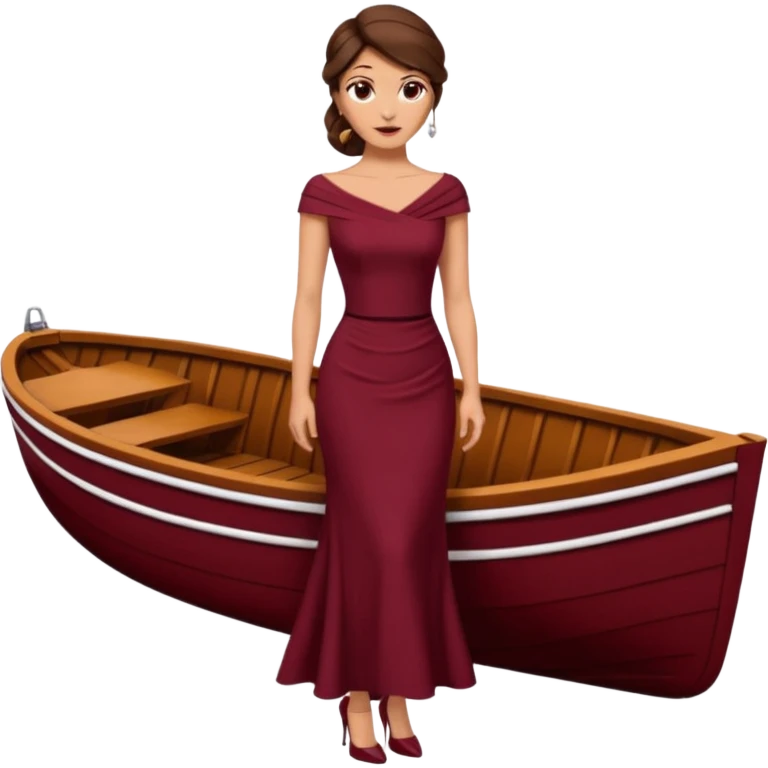 Chica blanca ,ojos marrones, vestido granate ajustado largo, escote barco cuerpo entero ,pelo muy largo y recogido zapatos tacón emoji