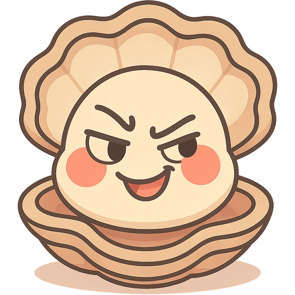 Enhance the cute oyster with more pastel toon details, accentuate the cream and greige effect, add more depth to the shell, soften and brighten the red cheeks, keep the mischievous expression, and maintain a transparent background. emoji