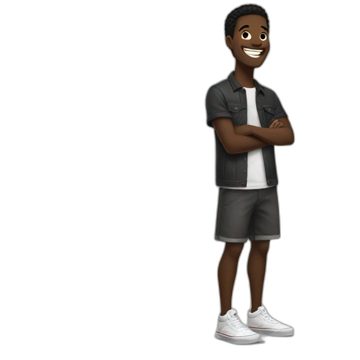 dark-skinned man, with black hair and brown eyes, dressed in a skater style dress of the brand vans laughing emoji